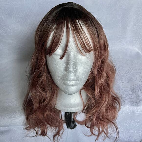 Wavy Medium Brown Purple Dark Roots Ombre Everyday Cosplay Wig with Wispy Bangs - Picture 2 of 8